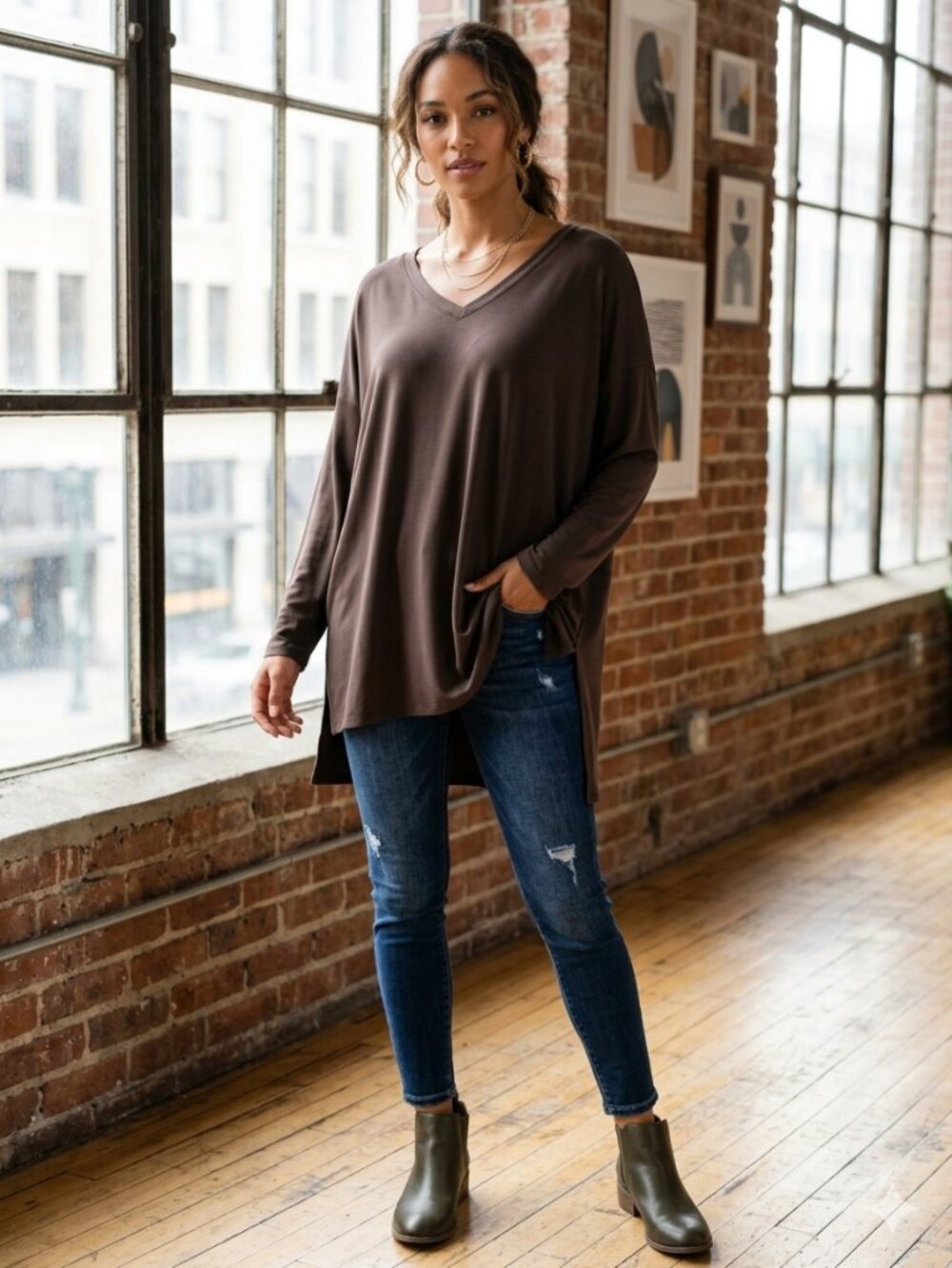 ZENANA Women's Oversized V-Neck Tunic Top